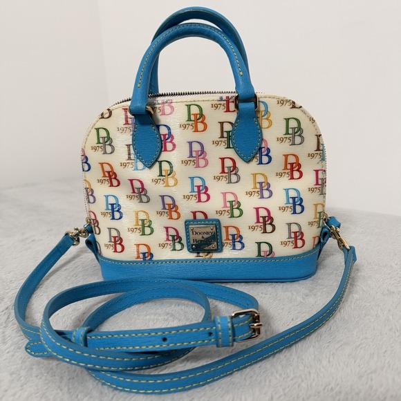 Dooney & Bourke Handbags - Dooney & Bourke 1975 Logo Bag Domed Crossbody Ruby Top Handle Wht/ Multi Zip Top
